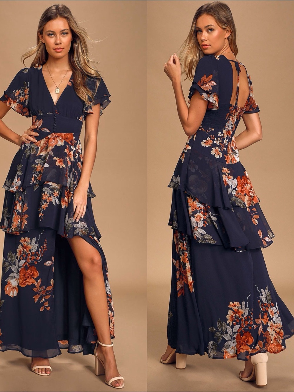 LULUS Midnight Mood Navy Blue
Floral Print Tiered Maxi Dress